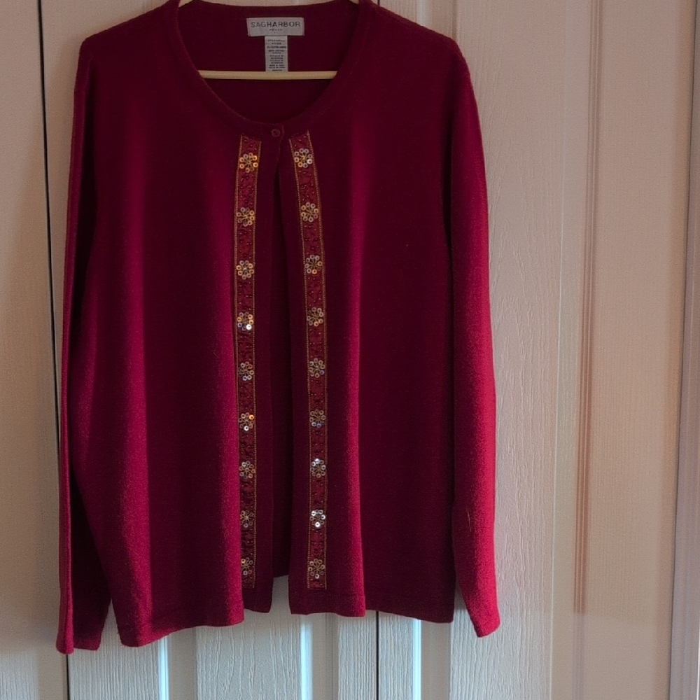 Sag Harbor Red Cardigan with Gold Sequin Trim
